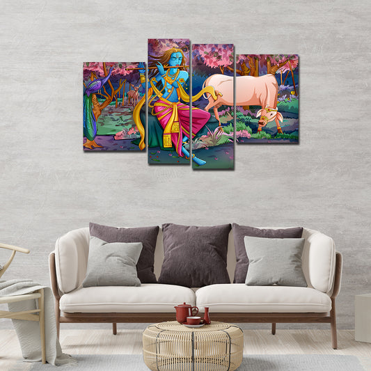 Premium Wall Painting of 4 Pieces Lord Krishna Playing Flute in the Forest