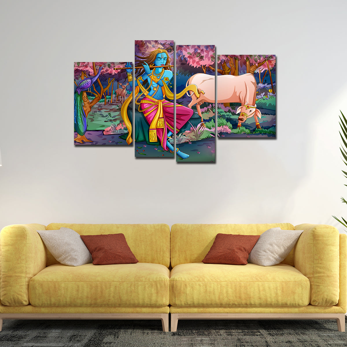 Premium Wall Painting of 4 Pieces Lord Krishna Playing Flute in the Forest