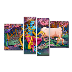 Premium Wall Painting of 4 Pieces Lord Krishna Playing Flute in the Forest