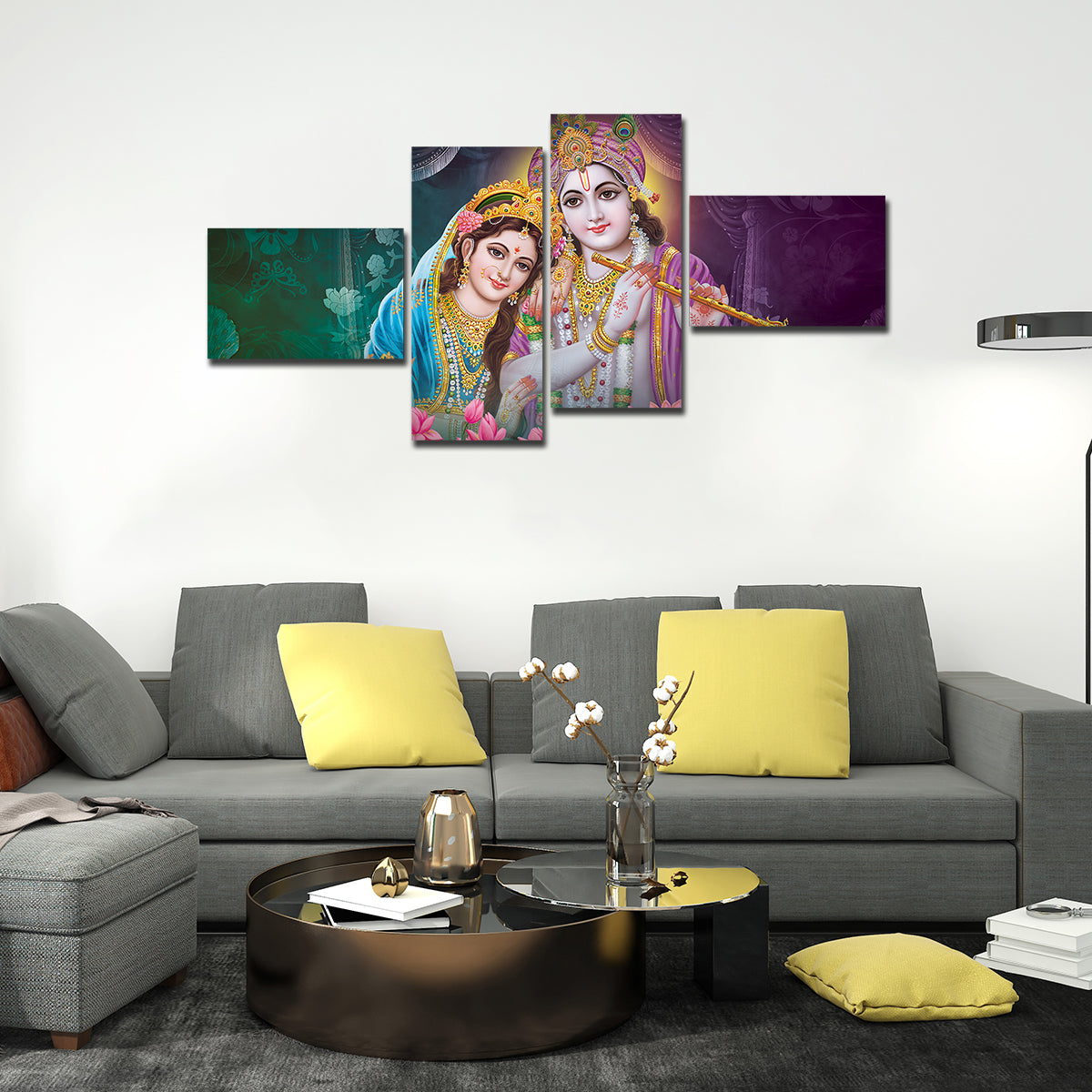 Canvas Wall Painting of 4 Pieces Lord Krishna with Radha