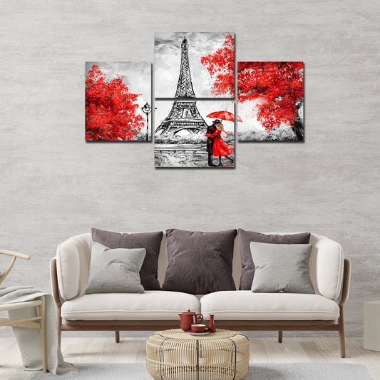 Premium 4 Pieces Wall Painting of Couple Under an Umbrella on Eiffel Tower Street