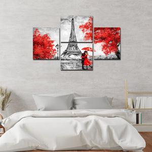 Premium 4 Pieces Wall Painting of Couple Under an Umbrella on Eiffel Tower Street