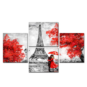 Premium 4 Pieces Wall Painting of Couple Under an Umbrella on Eiffel Tower Street