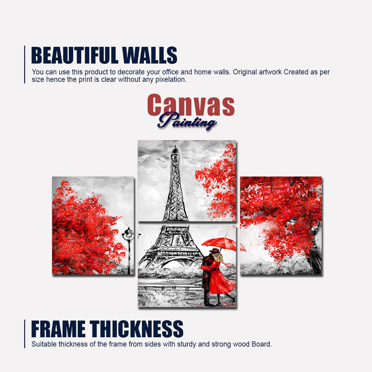 Premium 4 Pieces Wall Painting of Couple Under an Umbrella on Eiffel Tower Street