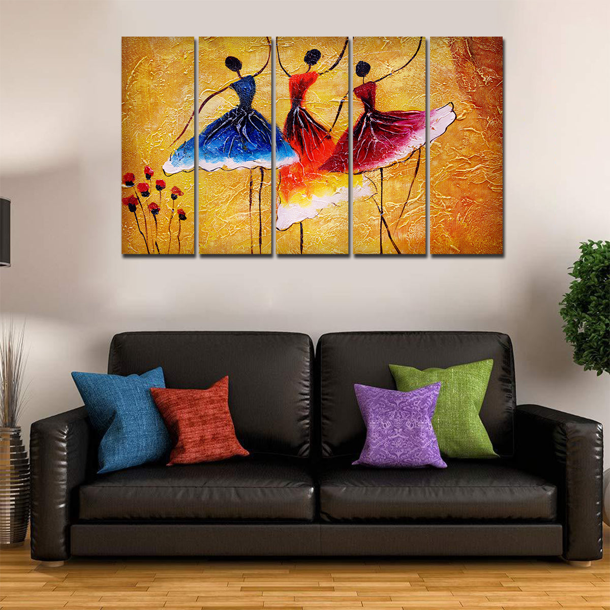 Three Women doing Dance 5 Pieces Premium Canvas Wall Painting