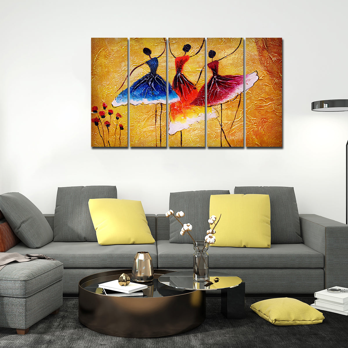 Three Women doing Dance 5 Pieces Premium Canvas Wall Painting