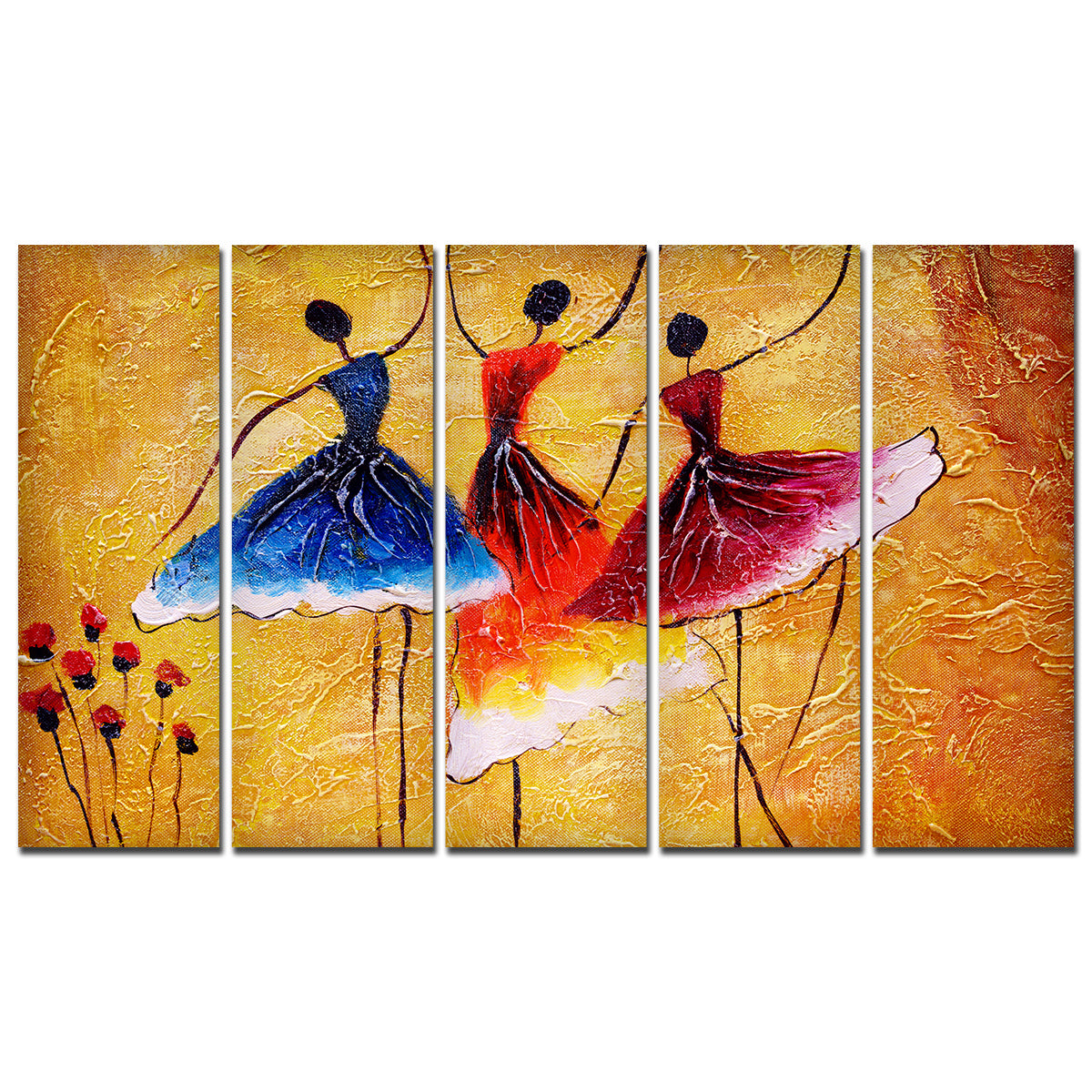 Three Women doing Dance 5 Pieces Premium Canvas Wall Painting