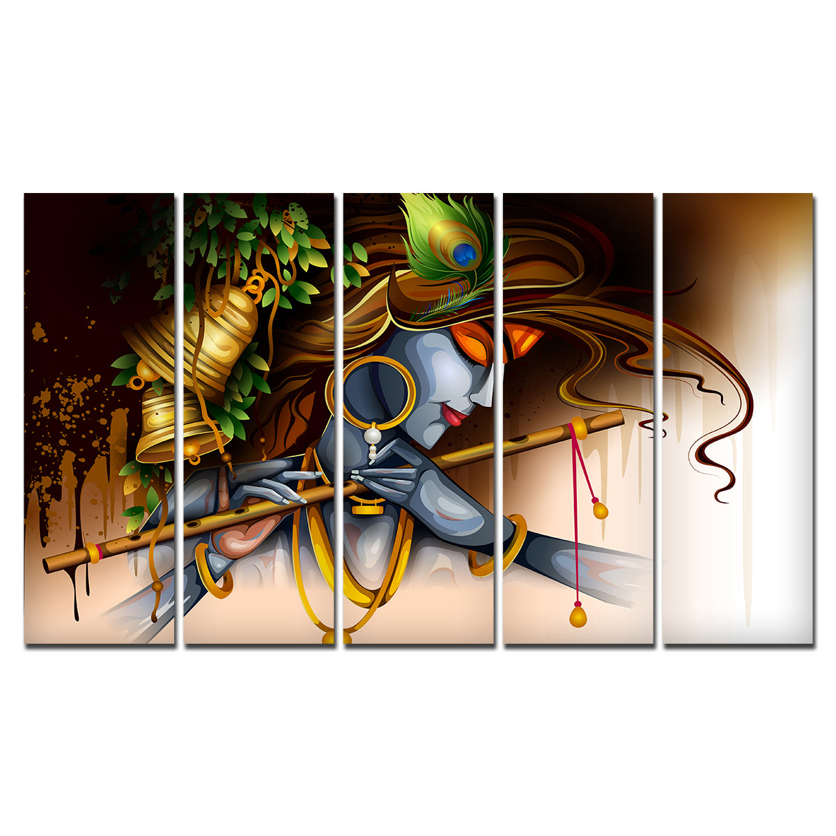 Lord Krishna Playing Bansuri Canvas Wall Painting of 5 Pieces