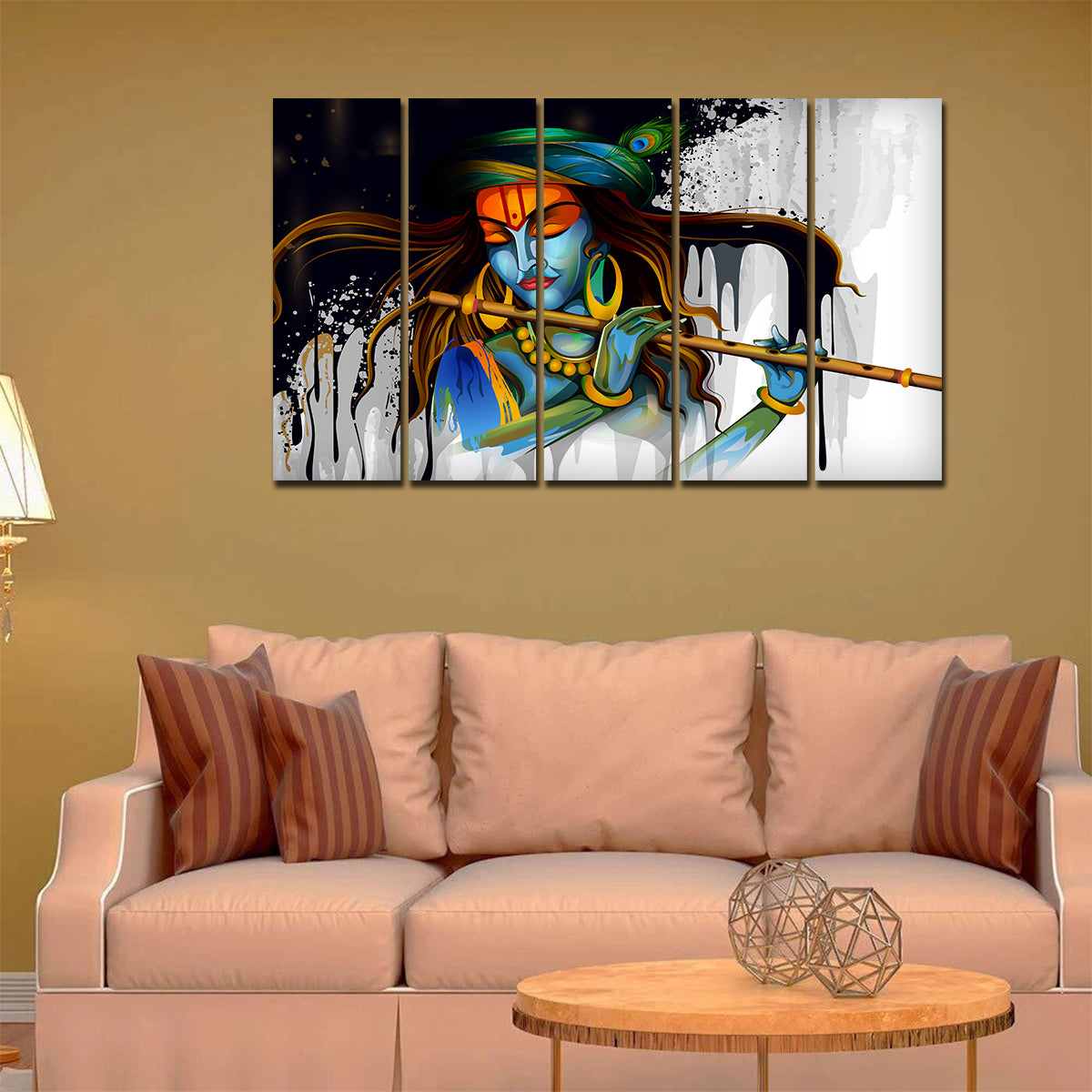 Premium Wall Painting of 5 Pieces Lord Krishna Playing Flute