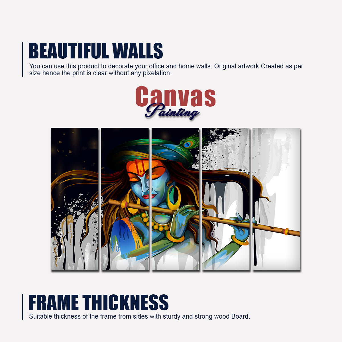 Premium Wall Painting of 5 Pieces Lord Krishna Playing Flute