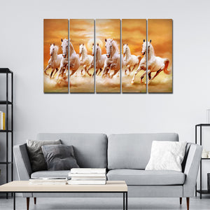 White Running Horses 5 Pieces Canvas Wall Painting