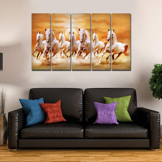 White Running Horses 5 Pieces Canvas Wall Painting