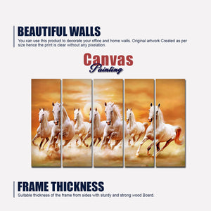 White Running Horses 5 Pieces Canvas Wall Painting