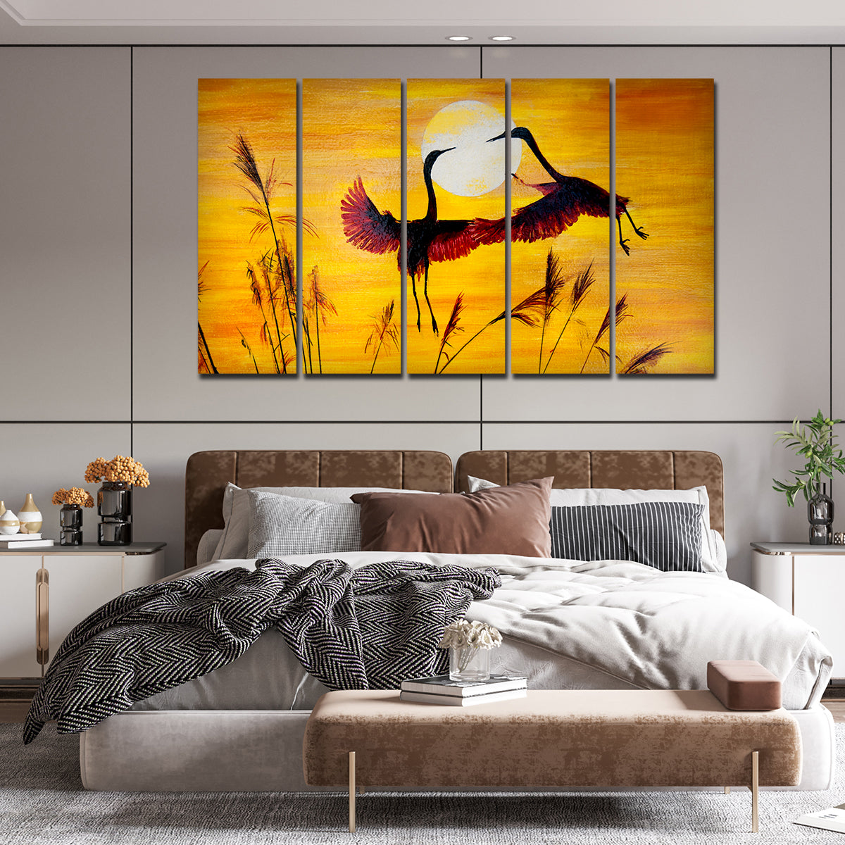 Beautiful Pair of Cranes Flying 5 Pieces of Premium Wall Painting