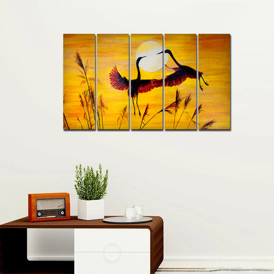 Beautiful Pair of Cranes Flying 5 Pieces of Premium Wall Painting