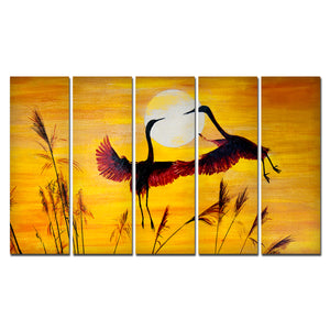 Beautiful Pair of Cranes Flying 5 Pieces of Premium Wall Painting