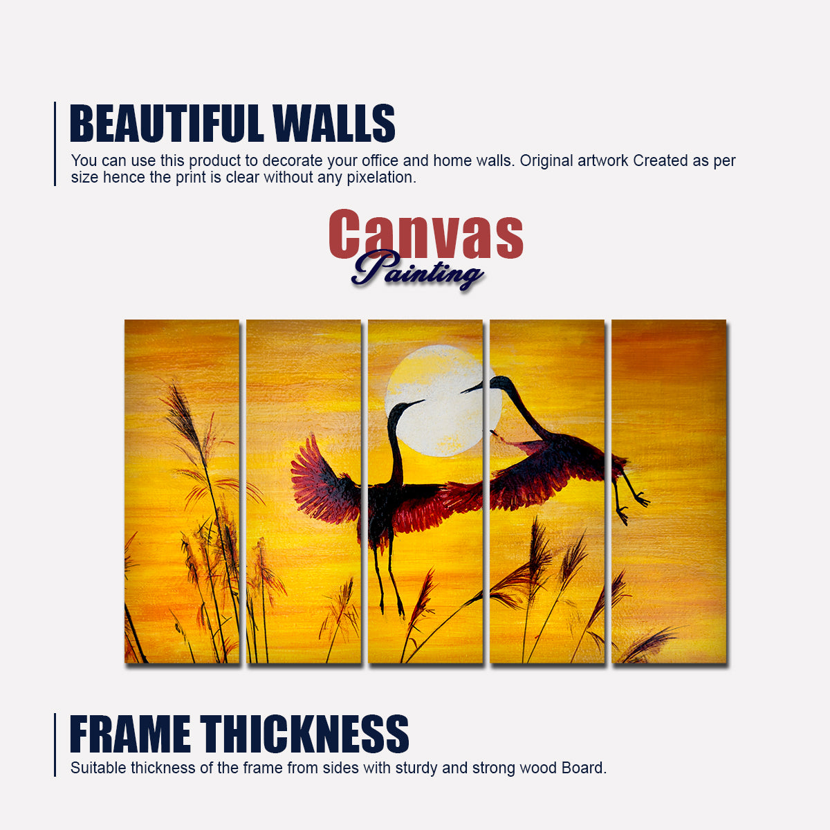 Beautiful Pair of Cranes Flying 5 Pieces of Premium Wall Painting