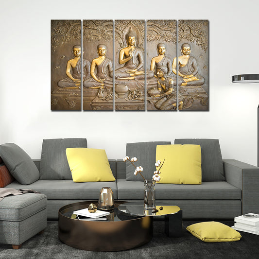 Lord Buddha in Temple Beautiful 5 Pieces Wall Painting