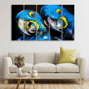 Blue Parrots Pastel Art Five Pieces Wall Painting