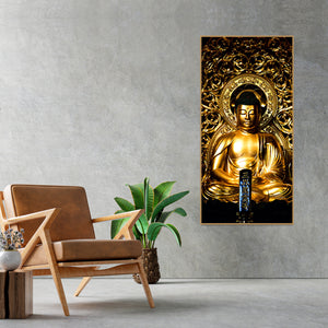 Gautam Buddha Golden Sculpture Vertical Wall Painting