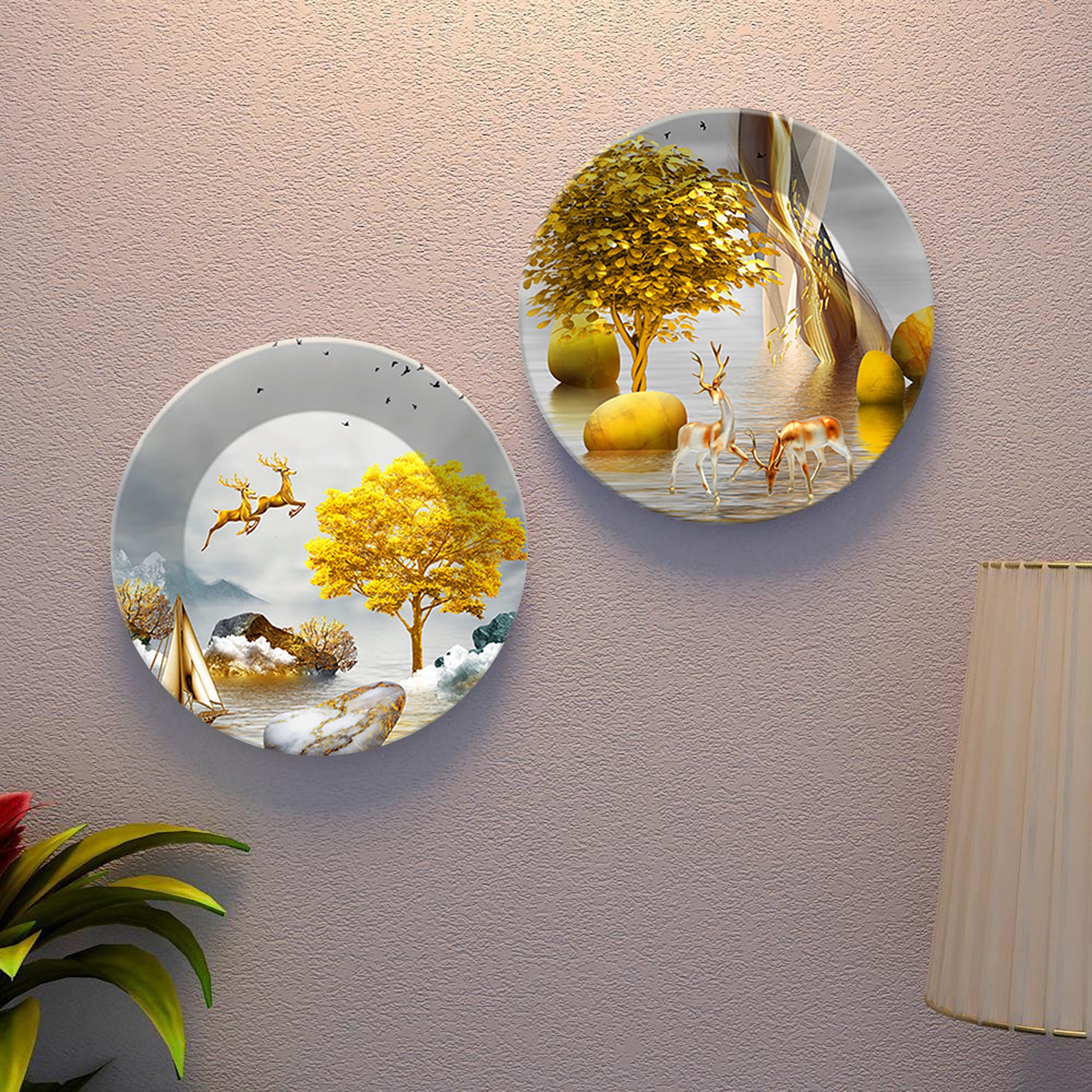 Pair of Golden Deer Ceramic Wall Hanging Plates Set of Two