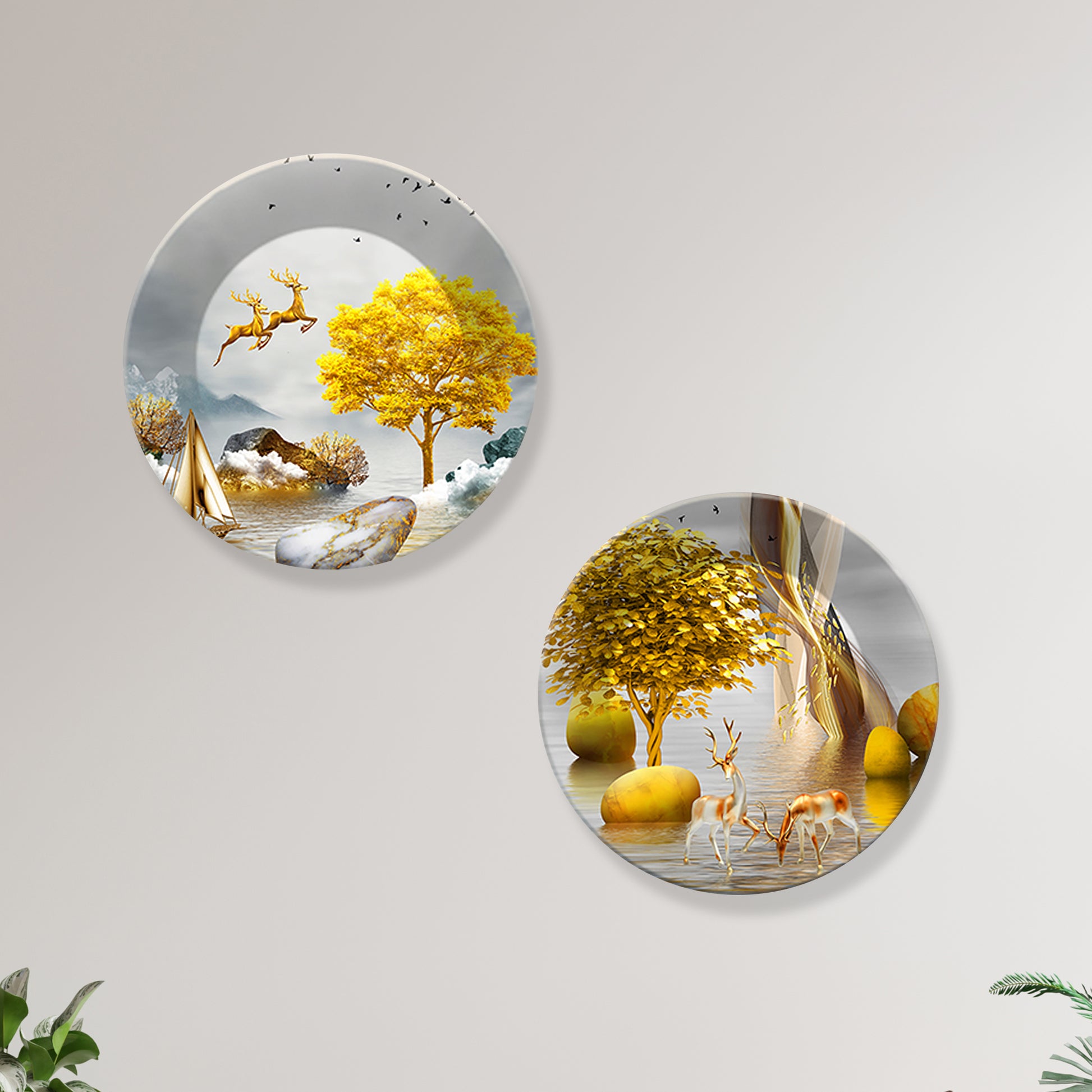 Pair of Golden Deer Ceramic Wall Hanging Plates Set of Two