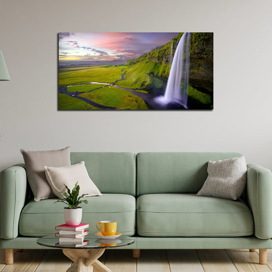 Panoramic Canvas Wall Painting of Unreal view of Waterfall at Sunset