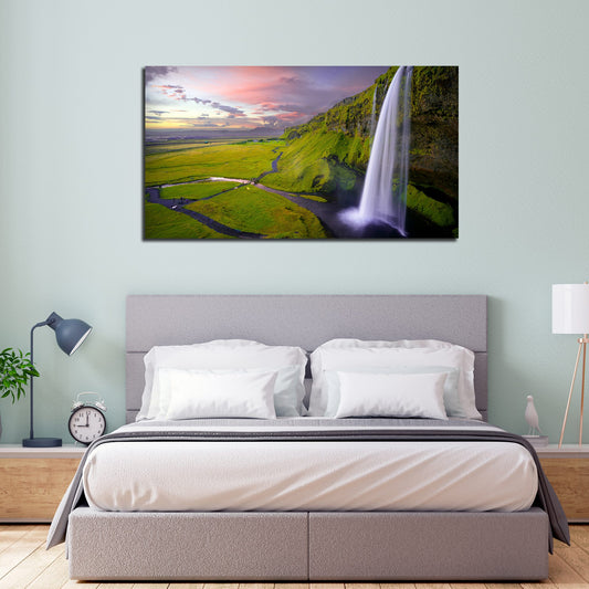 Panoramic Canvas Wall Painting of Unreal view of Waterfall at Sunset