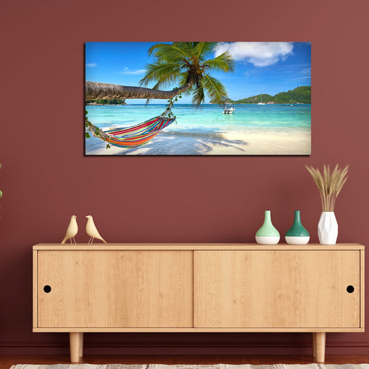 Perfect Beach with Palm Tree and Hammock Premium Canvas Wall Hanging