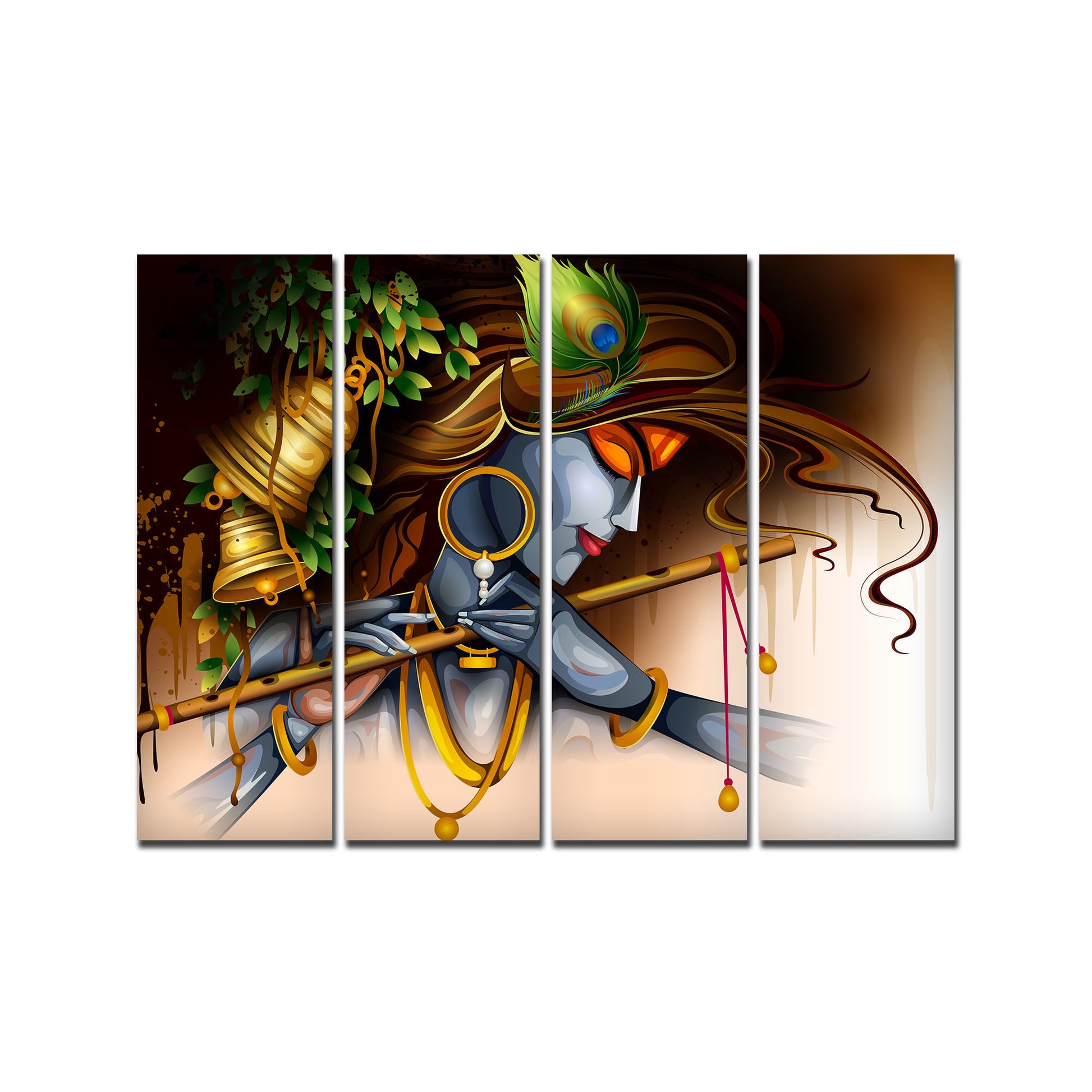 Playing Flute Krishna Canvas Wall Painting 4 Pieces Set