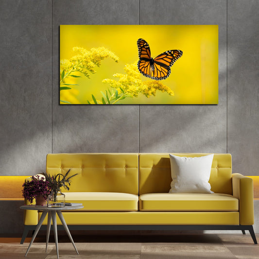 Premium Canvas Wall Painting of Monarch Butterfly on Yellow Flower