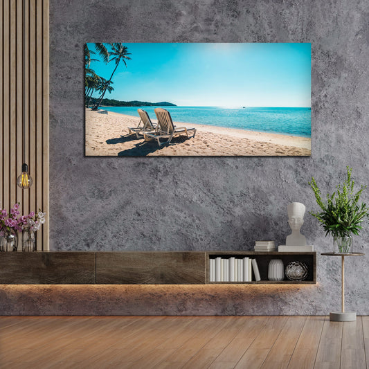Premium wall Painting of Beautiful Beach with Chair & Blue Sky