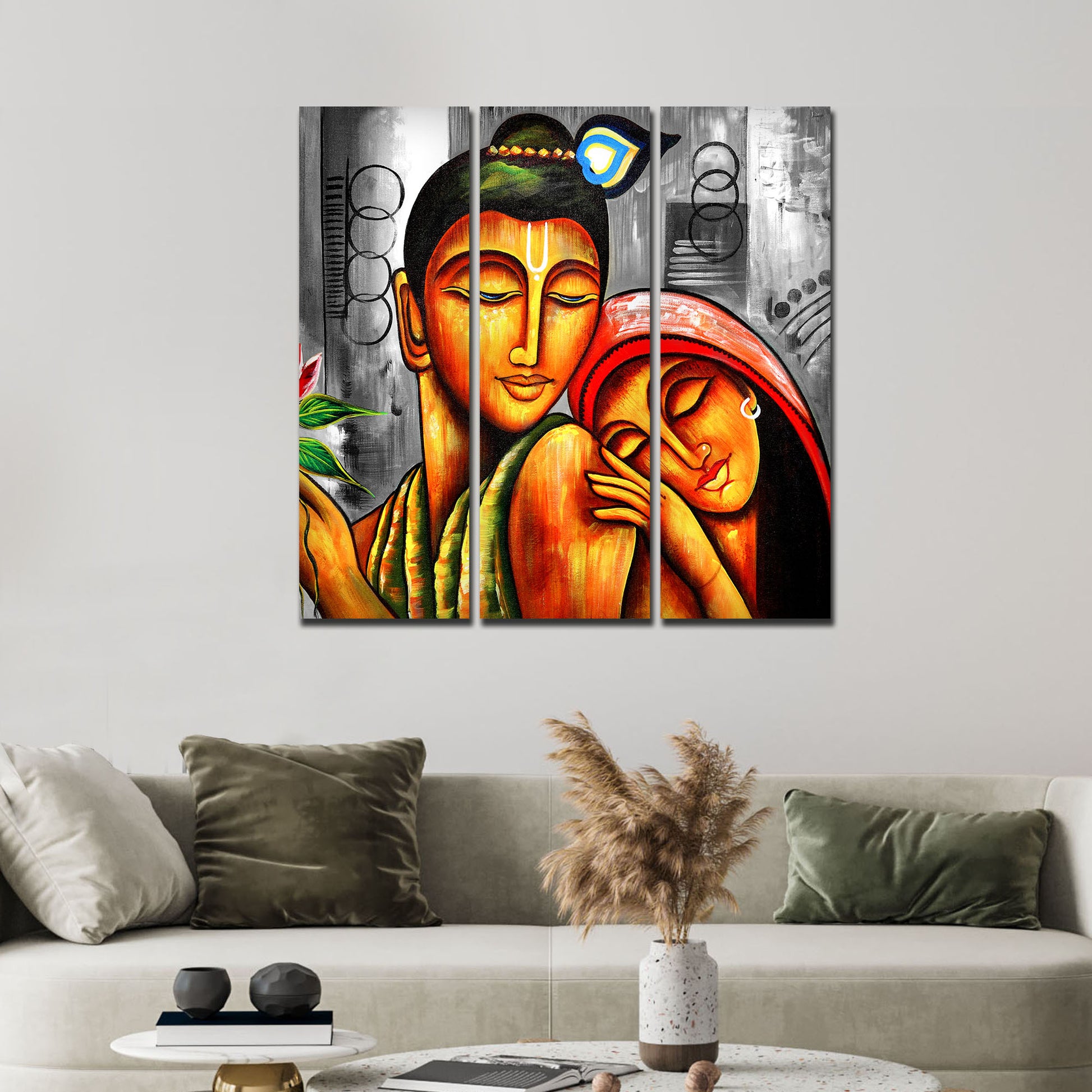 Shree Radhe Krishna Canvas Wall Painting Set of 3 Panel