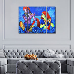 Shree Radha Krishna Flute Canvas Wall Painting 4 Panel Set