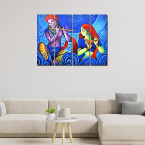 Shree Radha Krishna Flute Canvas Wall Painting 4 Panel Set