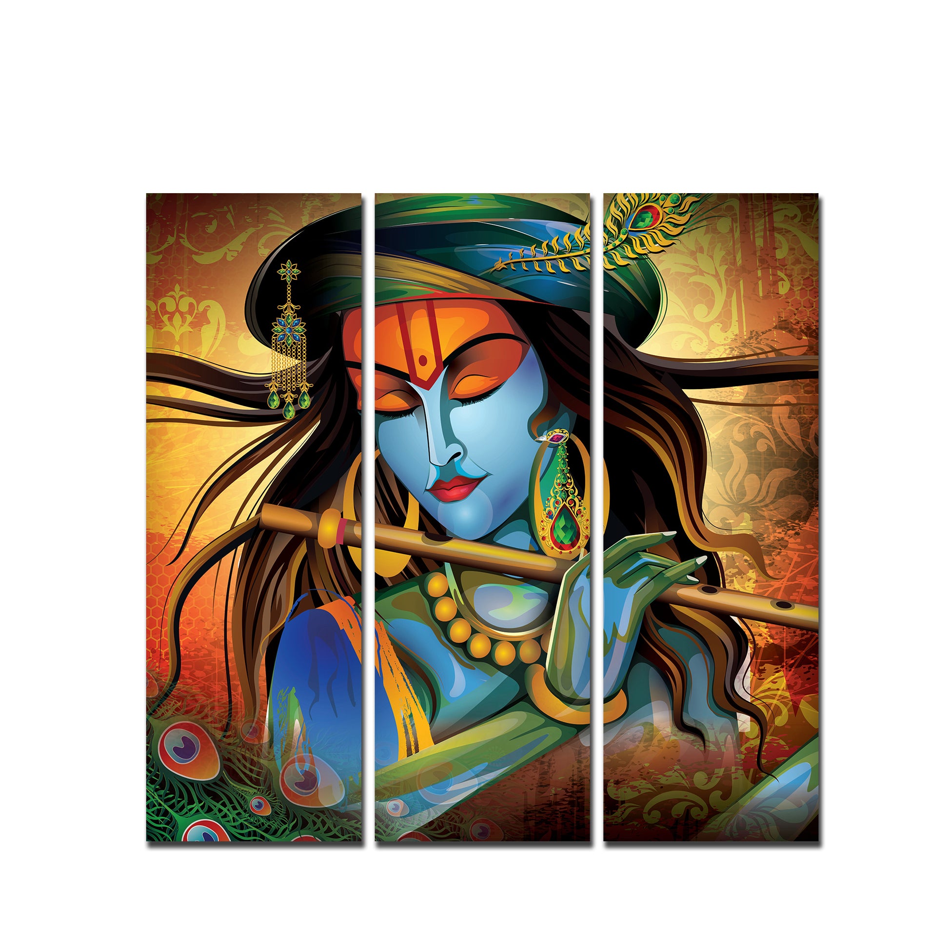 Shri Krishna with Flute Wall Painting Set of 3 Pieces