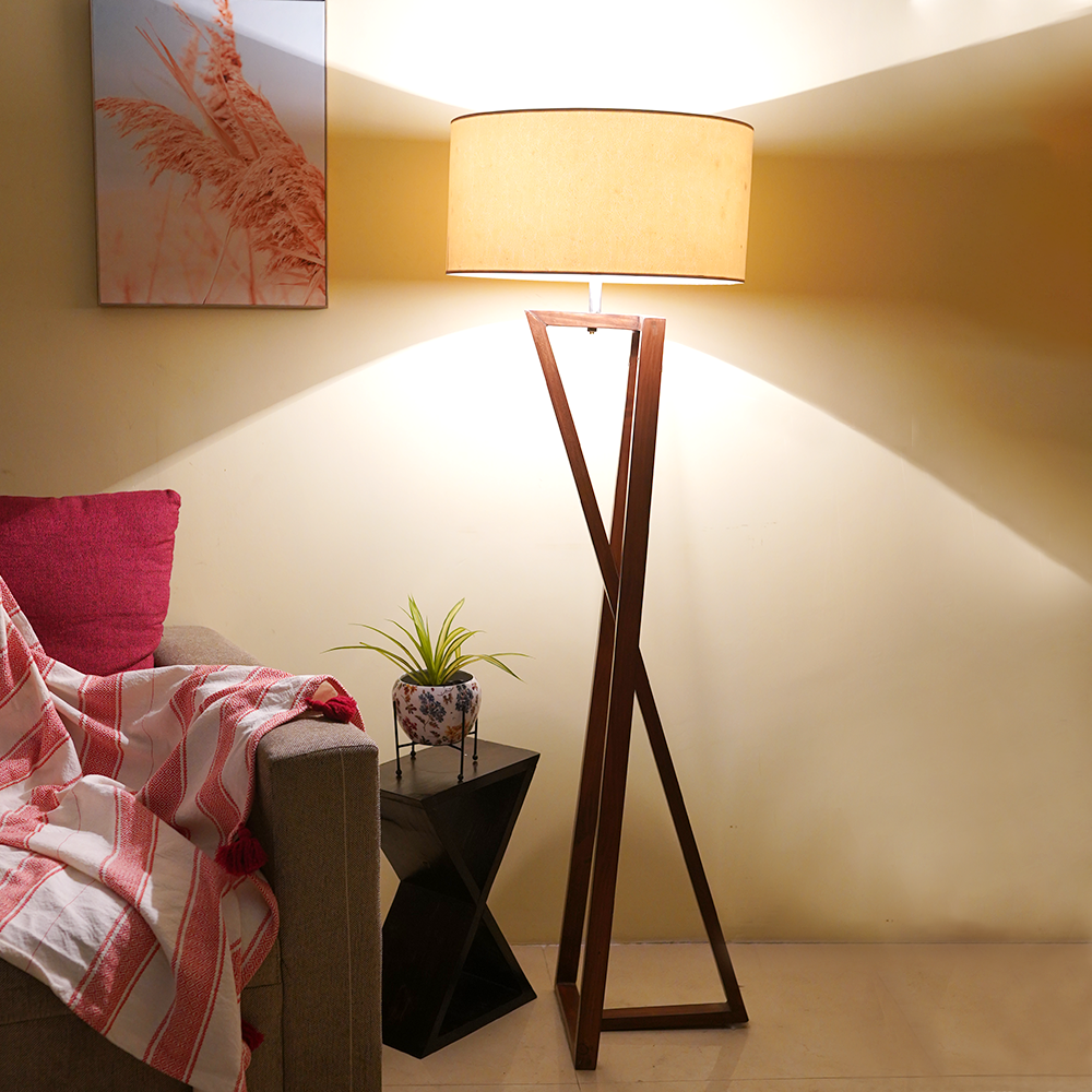 Wooden Floor Lamp With Delight Crossed Stand For Living Room, Bedroom