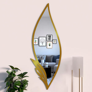 Slender Big Leafs Vanity Mirror with Metallic Golden Finish Frame