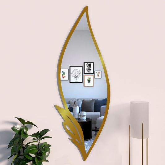 Slender Big Leafs Vanity Mirror with Metallic Golden Finish Frame