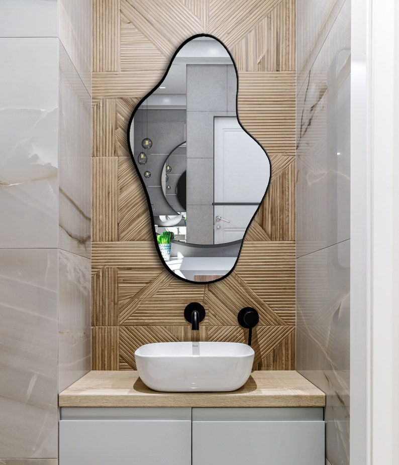 Asymmetrical Irregular Bathroom Decor Mirror with Black Wooden Finish