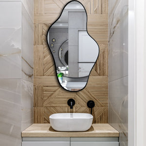 Asymmetrical Irregular Bathroom Decor Mirror with Black Wooden Finish