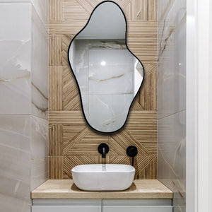 Asymmetrical Irregular Bathroom Decor Mirror with Black Wooden Finish