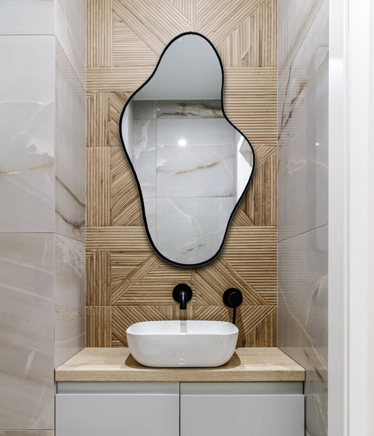 Asymmetrical Irregular Bathroom Decor Mirror with White Wooden Finish