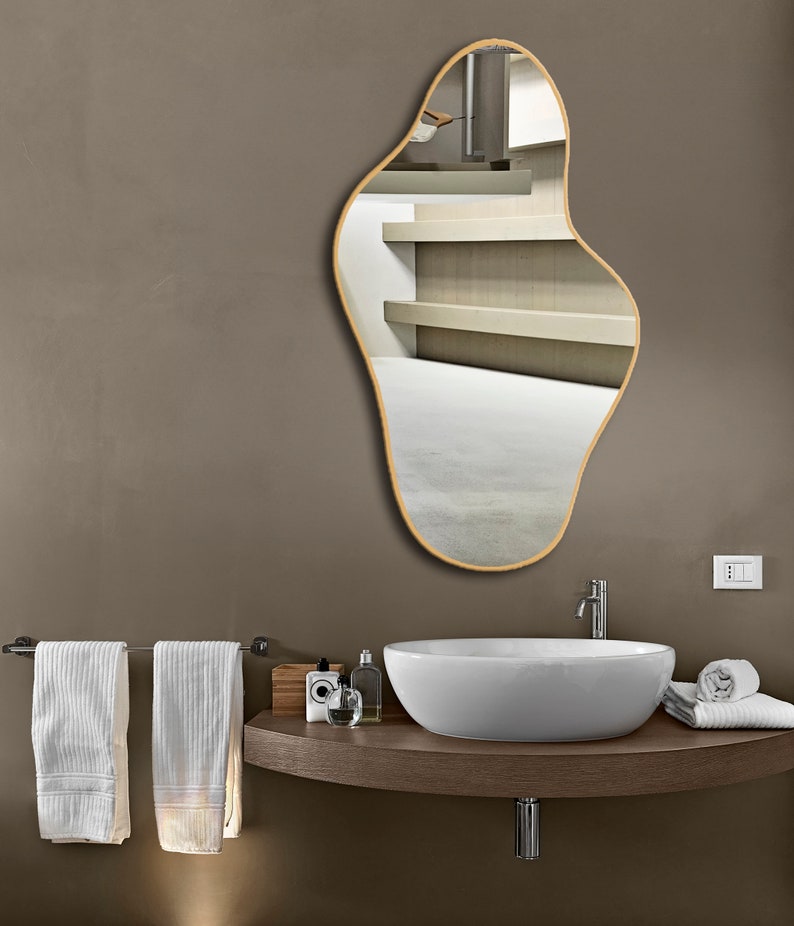 Asymmetrical Irregular Bathroom Decor Mirror with Black Wooden Finish