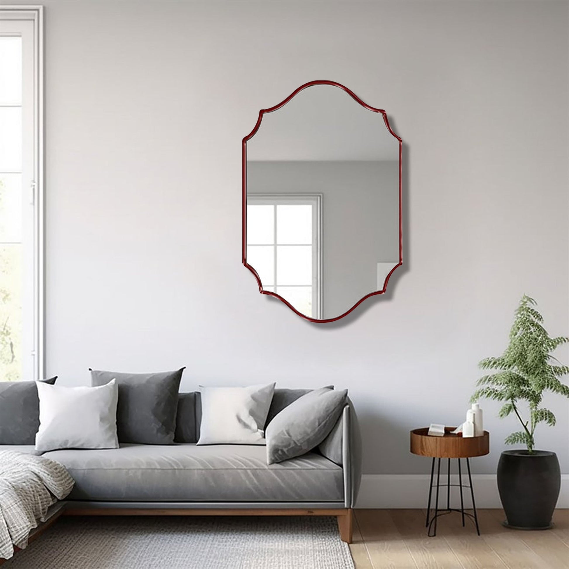 Elegant Irregular Quatrefoil Bathroom Decor Mirror with Red Wooden Finish