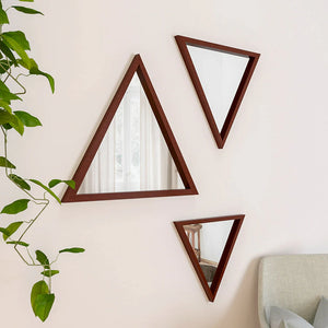 Modern Design Triangular Look Set of 3 Wooden Decorative Wall Mirror ( White / Brown Finish )