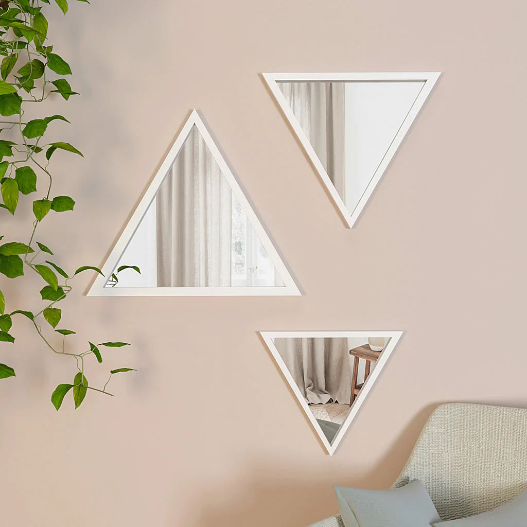 Modern Design Triangular Look Set of 3 Wooden Decorative Wall Mirror ( White / Brown Finish )