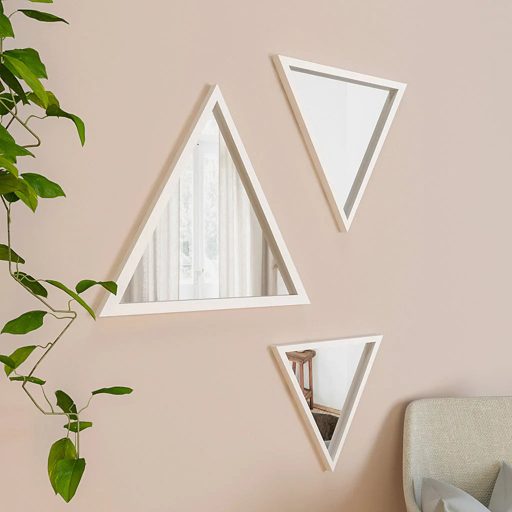 Modern Design Triangular Look Set of 3 Wooden Decorative Wall Mirror ( White / Brown Finish )