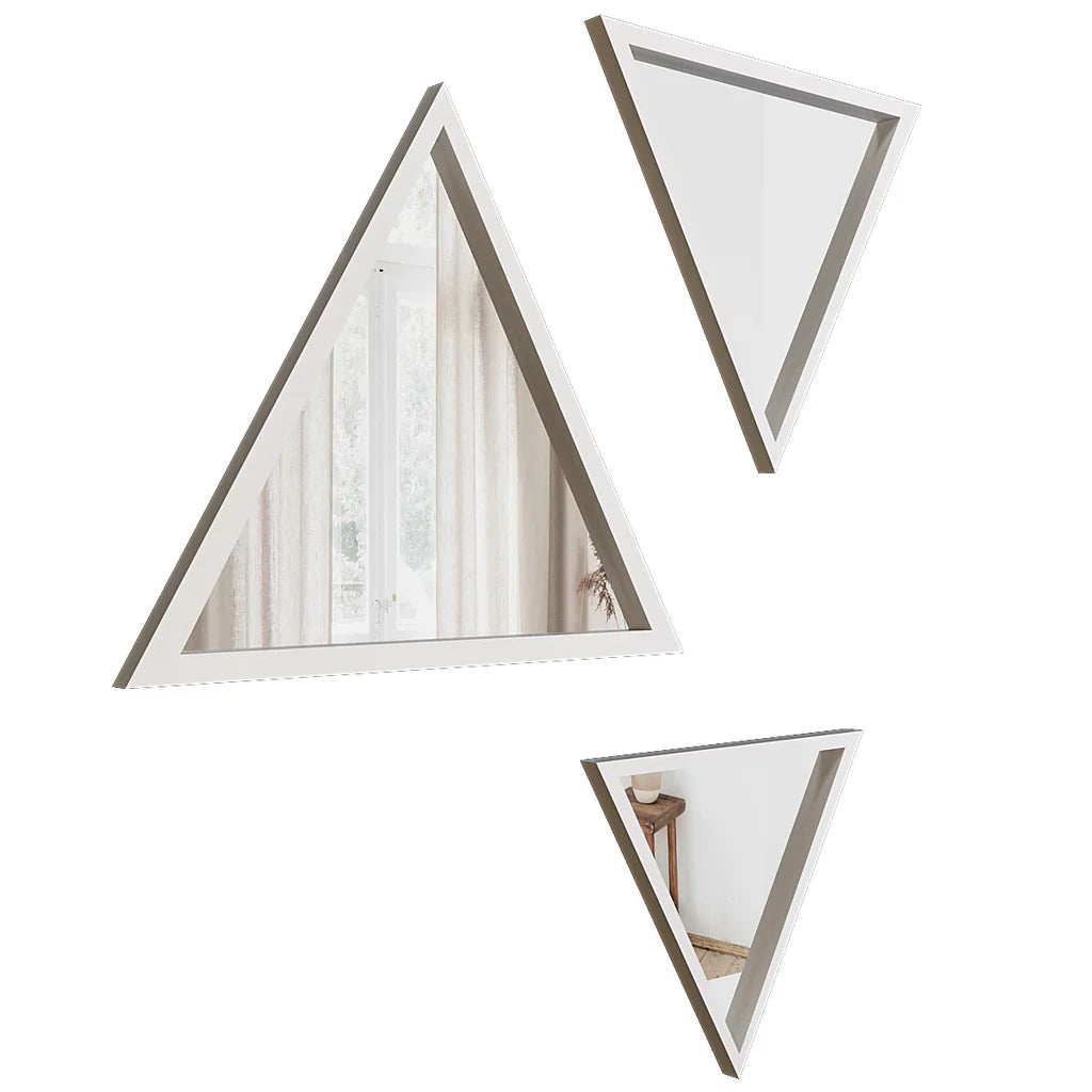 Modern Design Triangular Look Set of 3 Wooden Decorative Wall Mirror ( White / Brown Finish )