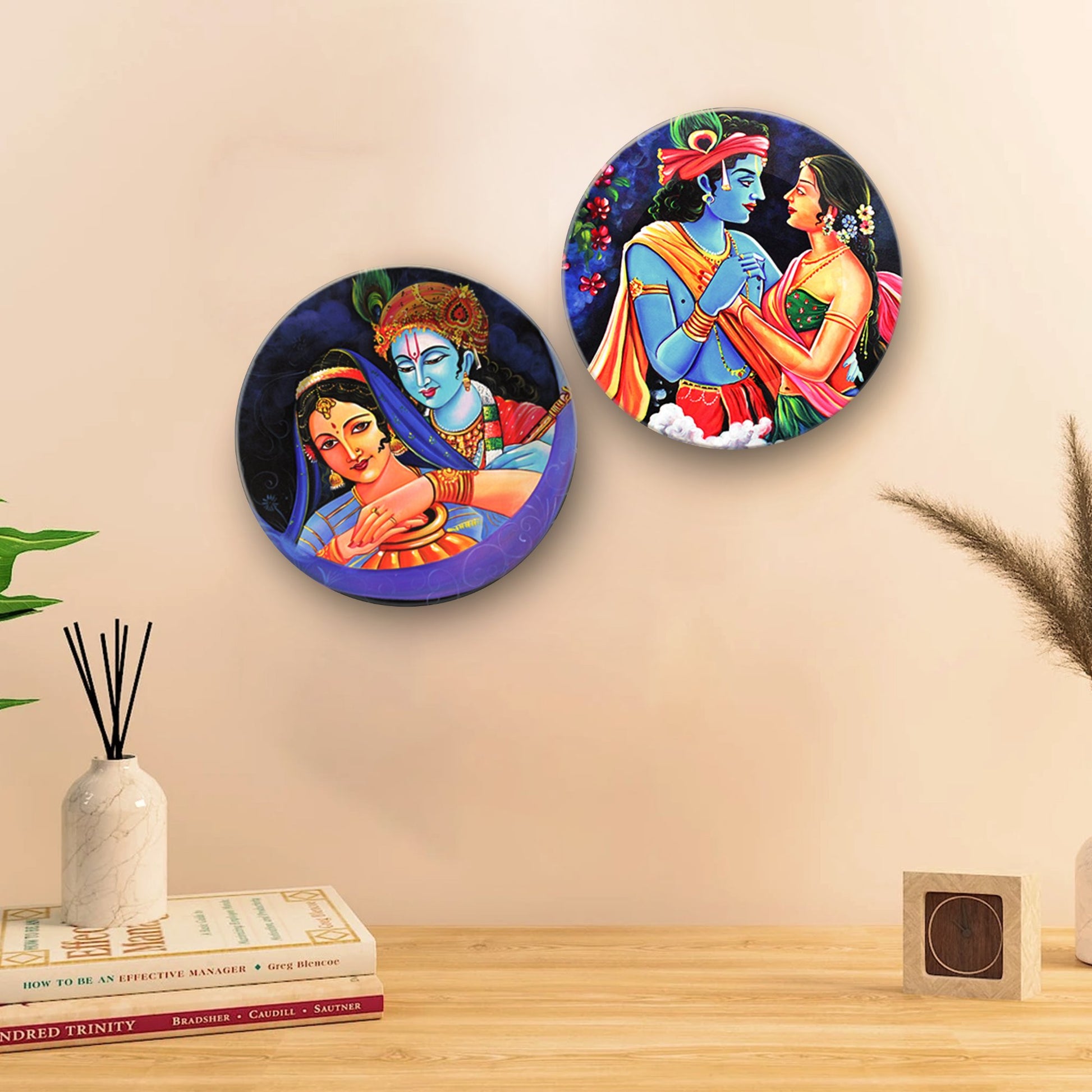 Hanging Wall Plates Painting of Lord Radha Krishna 2 Pieces